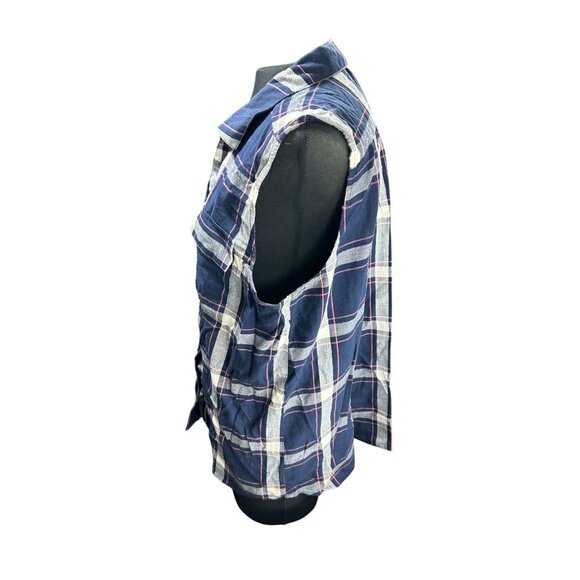 Vintage Bass Sleeveless Plaid Button-Up Shirt Navy/White - Picture 2 of 10